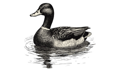 Vintage Farm Animal Drawing, Duck Swimming on Pond, Hand-drawn Engraving, Black Sketch, Rustic Waterfowl Art, Monochrome Duck Illustration, Pastoral Wildlife Wall Decor, Retro Engraving