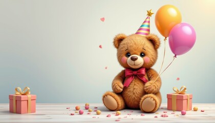 teddy bear sitting with balloons charming birthday illustration ideal for nursery and kids celebration room decor clean composition studio setting