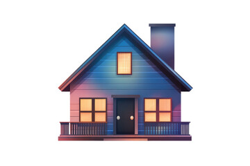 Illustration of a small blue house with a chimney and glowing windows on a black background scene view on transparent background