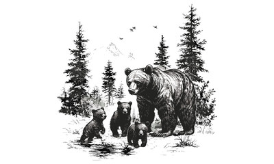 Engraved Bear Cubs Forest Illustration, Vintage Animal Design, Hand-drawn Wildlife Art, Black Sketch Rustic Decor, Detailed Nature, Rustic Wall Art, Wildlife Sketch, Forest Wildlife Art © Vintage Studio