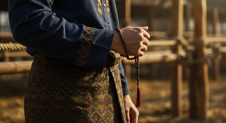 Close-up of a man wearing a dark Baju Melayu with intricate cuff embroidery and a patterned sampin, holding tasbih (prayer beads), signifying devotion during Eid.