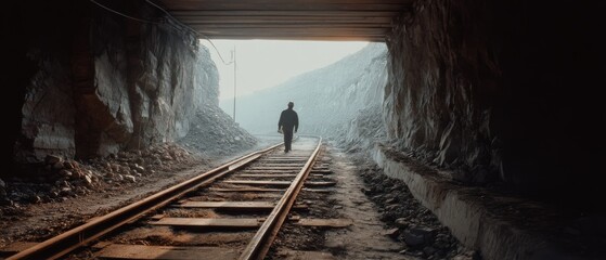 A lone figure walks along train tracks through a shadowy tunnel, illuminated by soft, ethereal light at the exit.