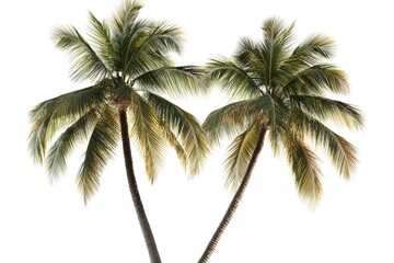 Two tropical palm trees against a plain white background.
