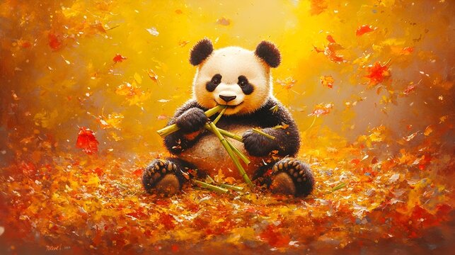 A jovial panda sits amidst falling autumn leaves, contentedly munching on bamboo stalks in a warm, golden light
