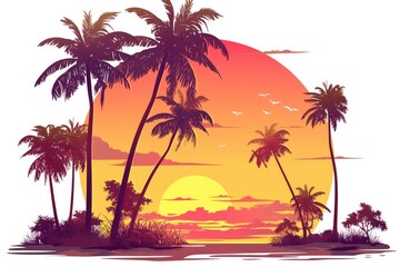 Silhouette sunset scene with tropical palms and a vivid sky.
