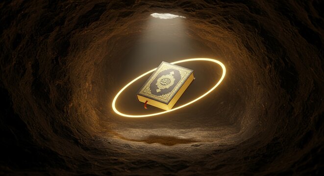 Koran book with light ring in cave