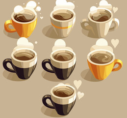 Obraz premium Coffee Cups and Hearts: An array of whimsical coffee cups with delicate swirls of steam form heart shape, radiating warmth and affection on neutral canvas.