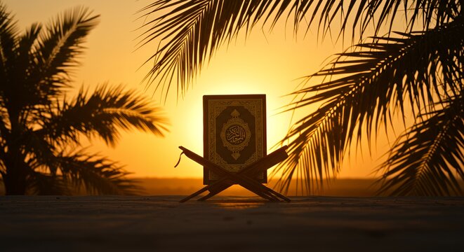 Quran Book on Stand at Sunset with Palm Trees