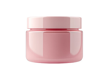 A close up of a pink cosmetic jar with a lid on a black background in a studio shot rendering style on transparent background