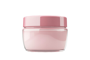 Close up shot of a clear glass jar filled with pink cream and a pink lid on a black background on transparent background