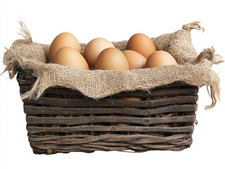 Obraz premium A basket of brown eggs isolated on a white background, PNG file with a transparent background for easy cut-out.
