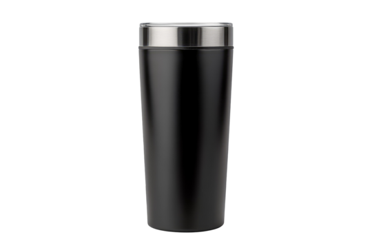A sleek black tumbler with a silver rim stands against a dark backdrop exuding modern simplicity and style on transparent background