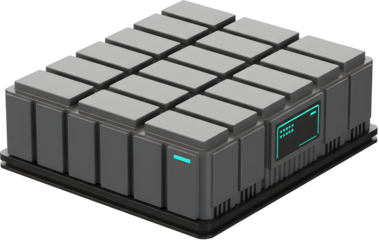 A 3D illustration of an electric vehicle (EV) battery pack. The modular structure consists of multiple battery cells and serves as a high-voltage power source that supplies energy to the electric moto