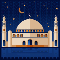 Vector flat image. Muslim mosque, prayer building. Illustration on the background of the night sky.
