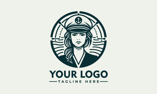 Bearded female ship captain illustrated in vintage emblem portrait with maritime uniform. Transportation concept
