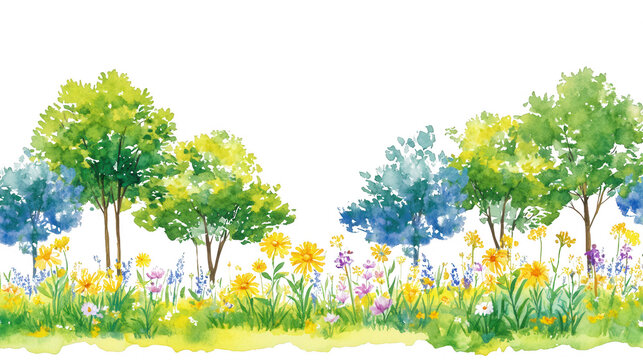 Watercolor Painting of Summer Landscape Trees and Flowers PNG transparent background