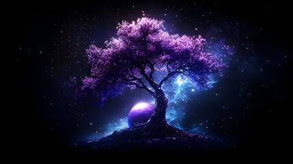 Glowing purple tree with luminescent orb at its base, set against a dark, starry backdrop