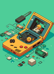 Retro Gaming Disassembly: An artistic portrayal of a classic handheld gaming device disassembled, revealing its internal components. A playful nod to nostalgia and the inner workings of technology.