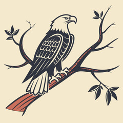 Bald Eagle Perched on Branch with Leaves in Graphic Style Illustration