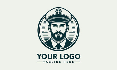 Bearded male ship captain illustrated in vintage emblem portrait with maritime uniform. Transportation concept
