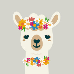 Illustration eines weißen Alpakas mit farbenfrohem Blumenkranz auf Kopf und Hals. Symmetrische Komposition, klare Linien und freundliche Farbpalette im modernen Stil. © namosh