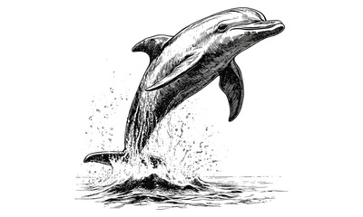 Hand-drawn Vintage Dolphin Illustration, Engraved Leaping Marine Animal, Coastal Wall Decor, Black Sketch Effect, Ocean Art, Trendy, Vintage Style, Engraved Ocean Print © Icons bundle Studio