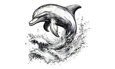 Engraved Dolphin with Waves, Vintage Ocean Design, Black Sketch Effect, Coastal Wildlife Illustration, Hand-drawn Marine Life Art, Seaside Wall Decor, Ocean Print, trendy beach decor © Vintage Studio