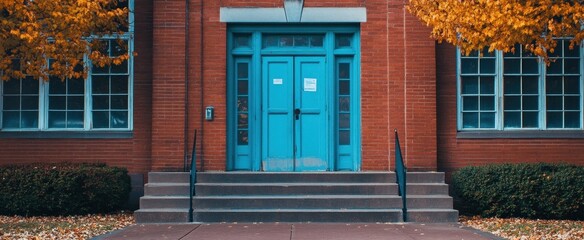 A serene image featuring a bright blue door framed by vibrant yellow leaves on a brick building. The scene captures the essence of autumn and architectural beauty.