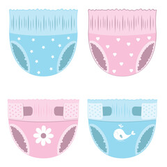 Cartoon-style baby absorbent diapers. Vector illustration for packaging diapers and other products for newborns