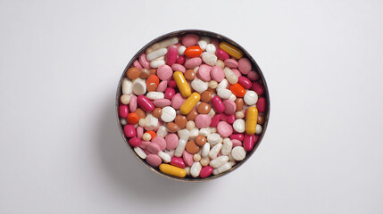 Colorful Collection of Pills and Tablets in a Circular Container Top View