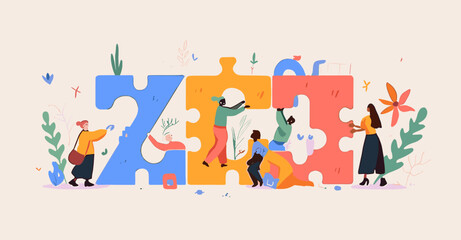 Fototapeta premium Cooperation of the group: A group of people working together to complete a puzzle, the theme of teamwork. Evoking a sense of collaboration and problem-solving.