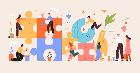 Building the big picture: A collaborative scene depicts individuals meticulously piecing together vibrant jigsaw puzzle pieces, symbolizing unity, teamwork.