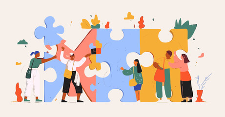 Fototapeta premium Puzzle Completion: A collaborative illustration showcasing diverse individuals joining forces to assemble a giant jigsaw puzzle, symbolizing teamwork and problem-solving.
