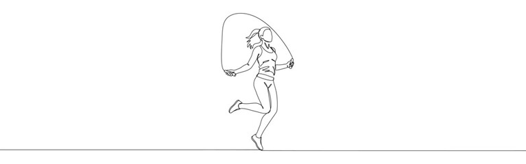 Young sportive woman train jumping with skipping rope continuous one line drawing.
