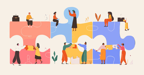 Teamwork Puzzle: A group of diverse individuals collaborates to assemble a giant puzzle, symbolizing teamwork, problem-solving, and collective effort, rendered in a modern illustration style.
