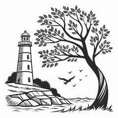 Coastal lighthouse landscape with tree and seagulls in a woodcut style