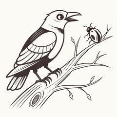 Fototapeta premium Detailed line drawing of a bird and a beetle on a branch