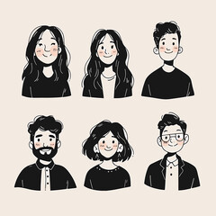 Diverse Hand-Drawn Portraits: A collection of six hand-drawn portraits, each featuring a unique individual with distinct facial features, hairstyles, and expressions.