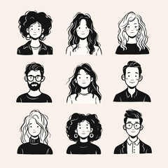 Diverse Portrait Collection: A meticulously crafted collection of nine unique illustrations, each depicting a different individual.