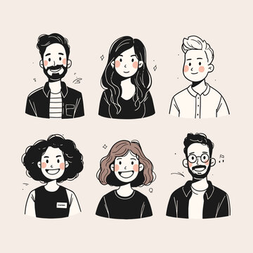 Diverse Portraits: A collection of stylized illustrations of individuals showcasing a variety of personalities and expressions.