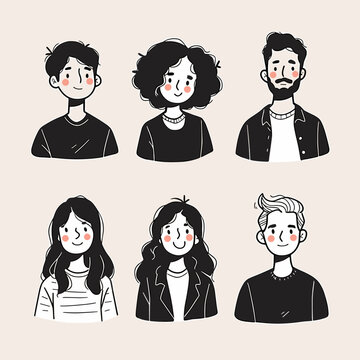 Diverse Illustrations: A series of charming hand-drawn illustrations of diverse individuals. Each portrait displays unique characteristics.