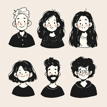 Diverse Characters Set: A set of six diverse hand-drawn characters, each with unique hairstyles and expressions, perfect for illustrating diversity, teamwork, or inclusivity.  