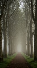 Obraz premium Misty Path Through a Tunnel of Trees: A Serene and Enchanting Forest Walk