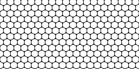 Two-dimensional flat graphene carbon molecule as a hexagon seamless bg. Thin layer super flexible material with conductor properties. Polygonal mesh with circles. Vector illustration © Kusandra