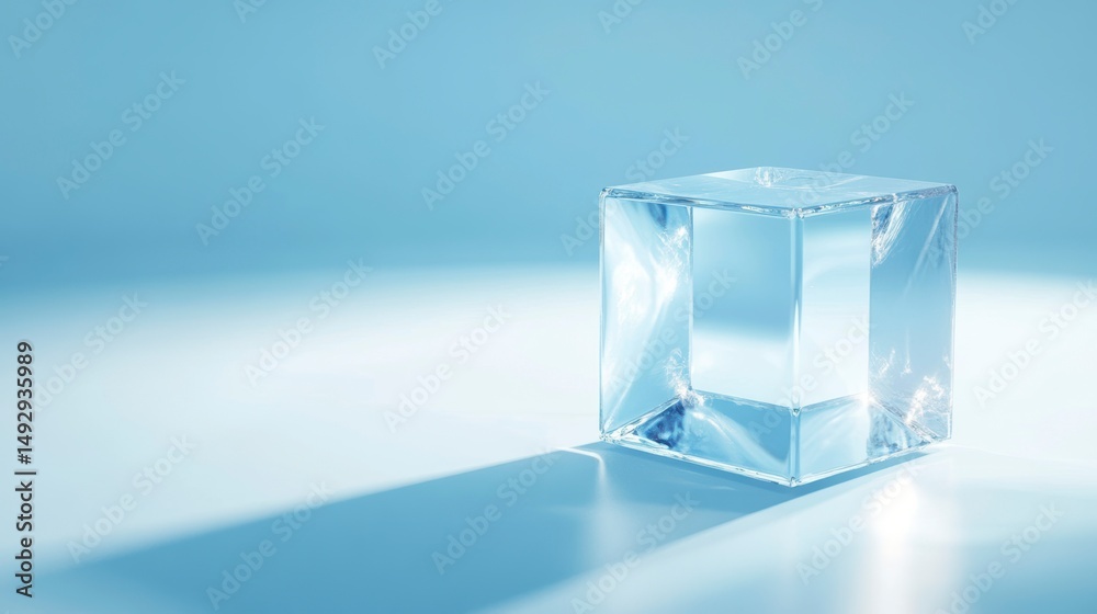 Poster a single, clear ice cube on a light blue background casts a shadow.