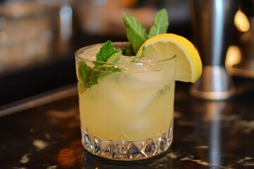 Lemon cocktail in short glass with mint