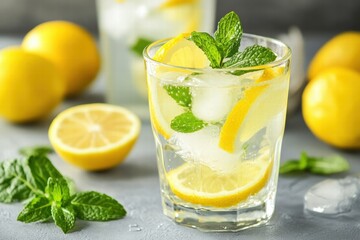Fototapeta premium Lemon drink with mint and ice cubes