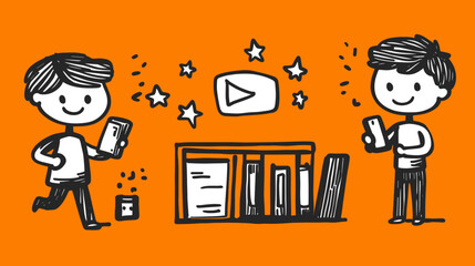 Mobile Media: Two cartoon figures interacting with smartphones, sharing media with a backdrop of library-like shelves and animated stars. Depicting the convenience of the digital world.
