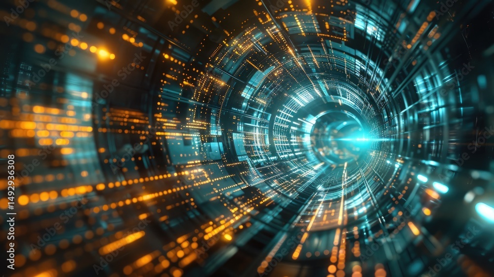Poster a mesmerizing representation of a quantum accelerator, featuring vibrant light patterns and dynamic 