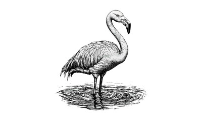 Vintage Engraved Flamingo, Tropical Bird in Water, Hand-drawn Animal Art, Black Sketch Effect, Retro Wildlife Illustration, Rustic Flamingo Art, Nature Wildlife Print, Bird Lovers Decor